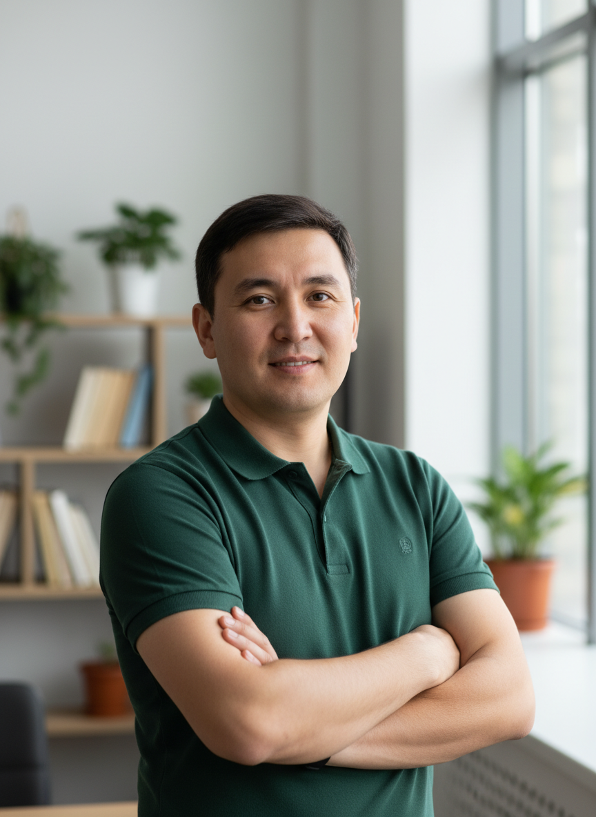 Professional Kazakh male business owner in casual attire smiling