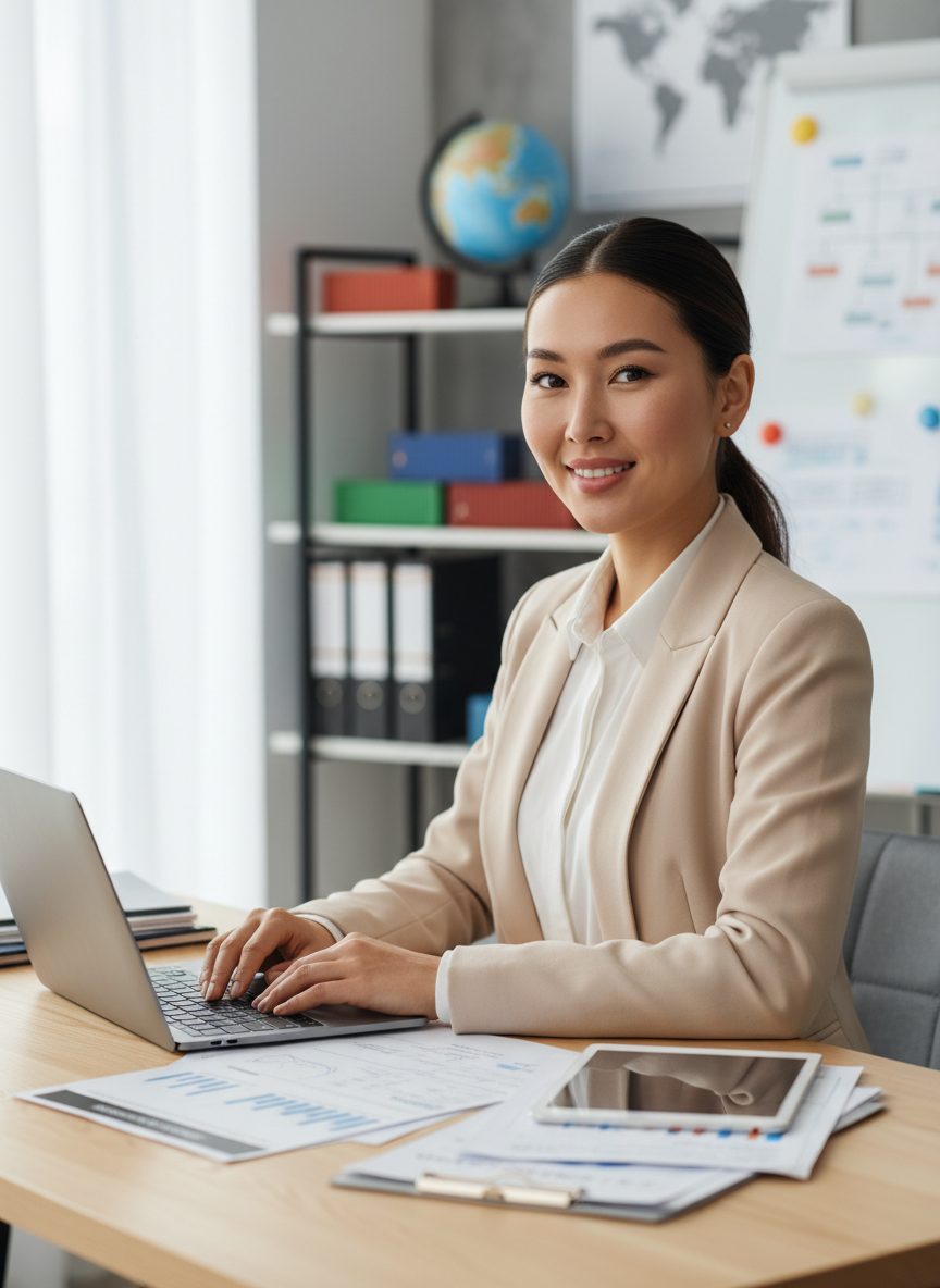 Professional Kazakh female logistics manager in office setting