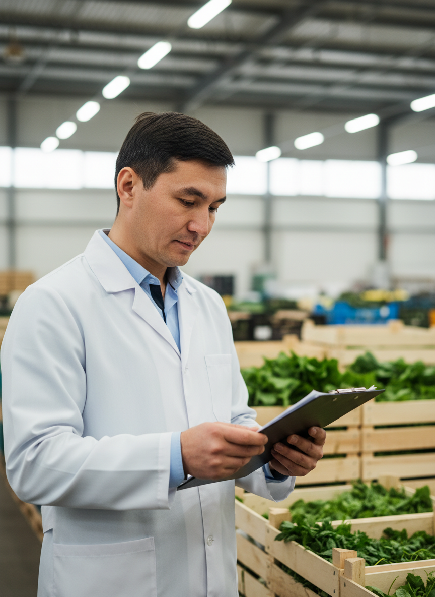 Professional Kazakh male quality control specialist examining produce