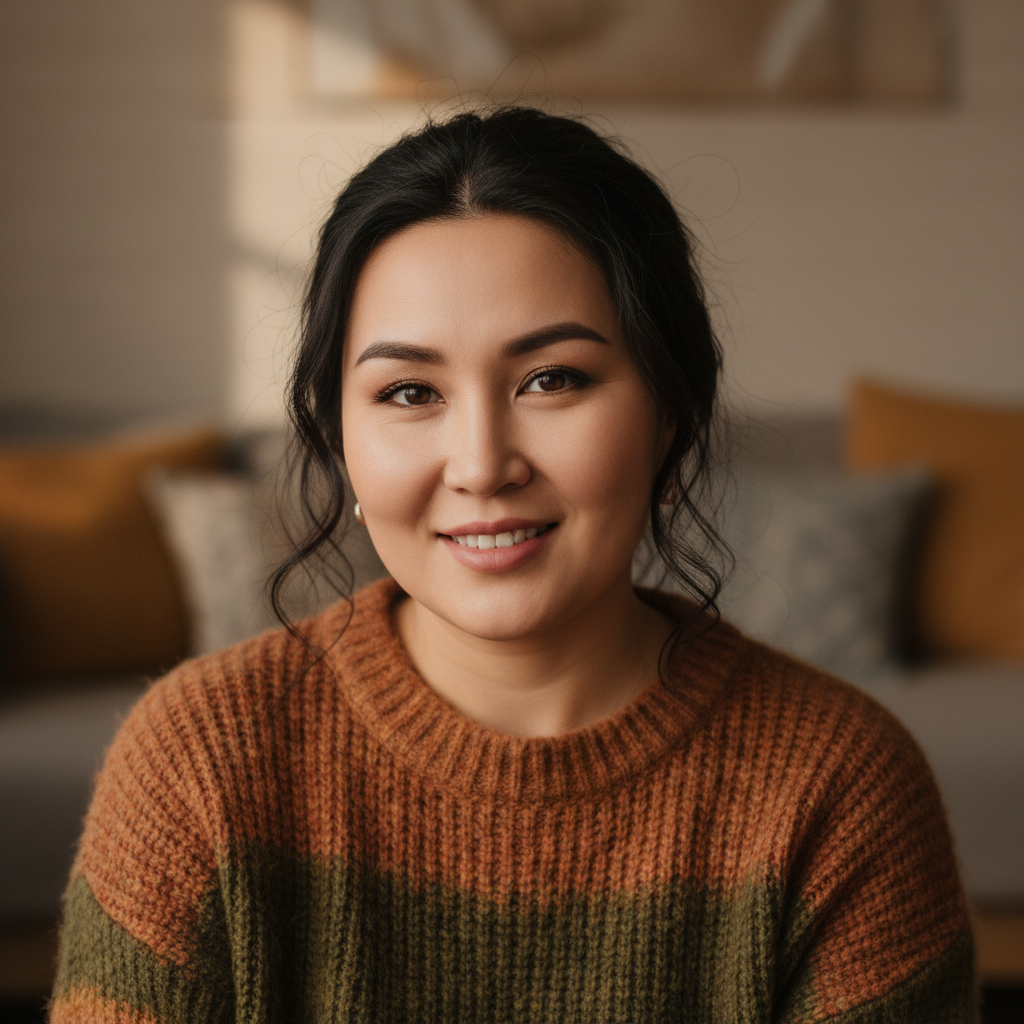 Kazakh female customer portrait smiling warmly